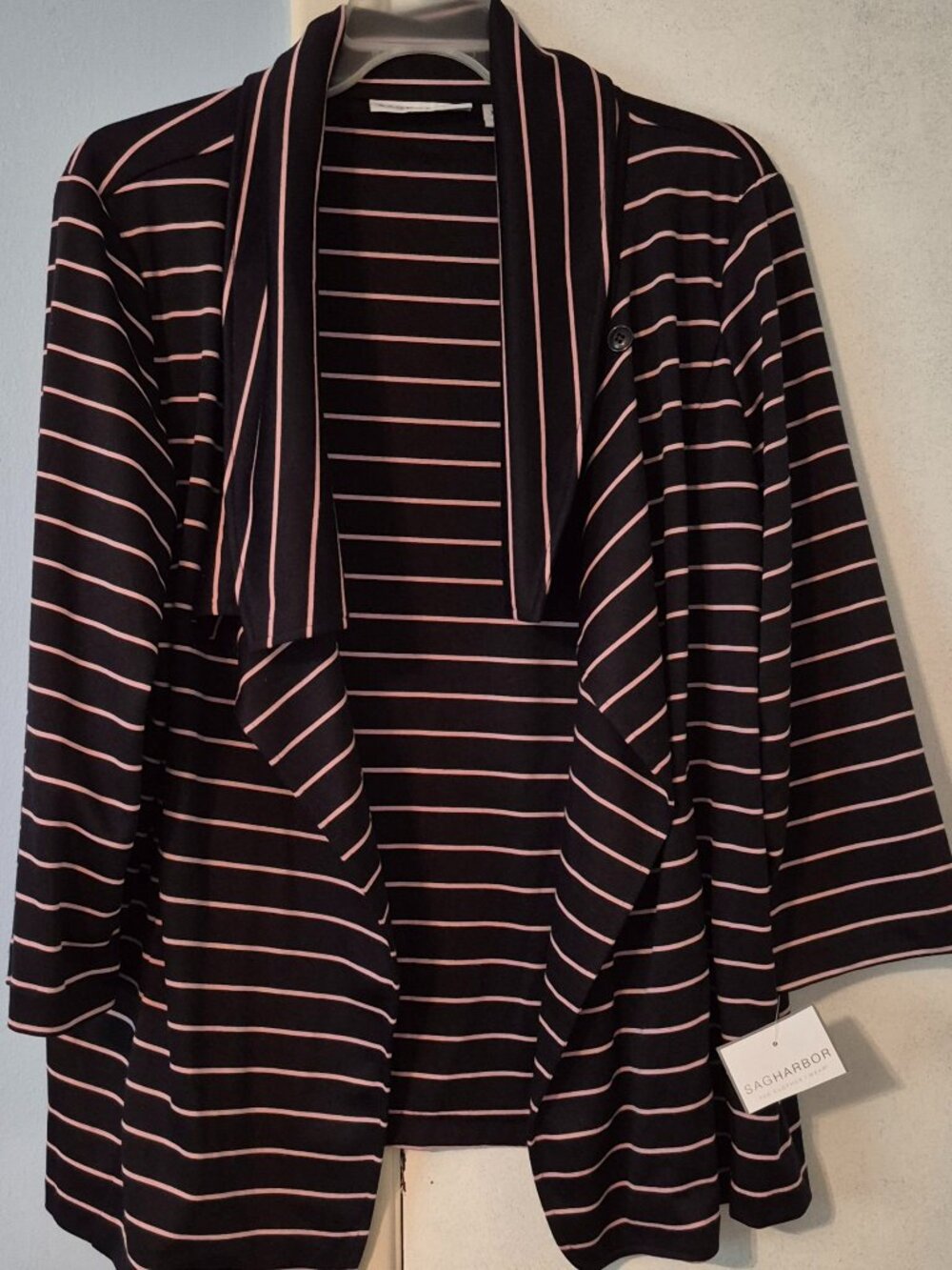 Sag Harbor Open Front Cardigan Sweater Jacket Waterfall Style Black Pink Size XL